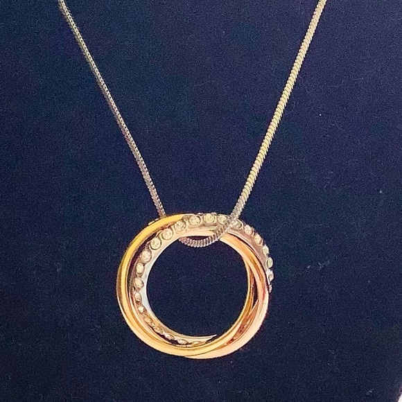 Trinity Necklace, Interlocking Trimetal Rings Rose Gold, Gold & Silver Zirconia - Picture 8 of 12